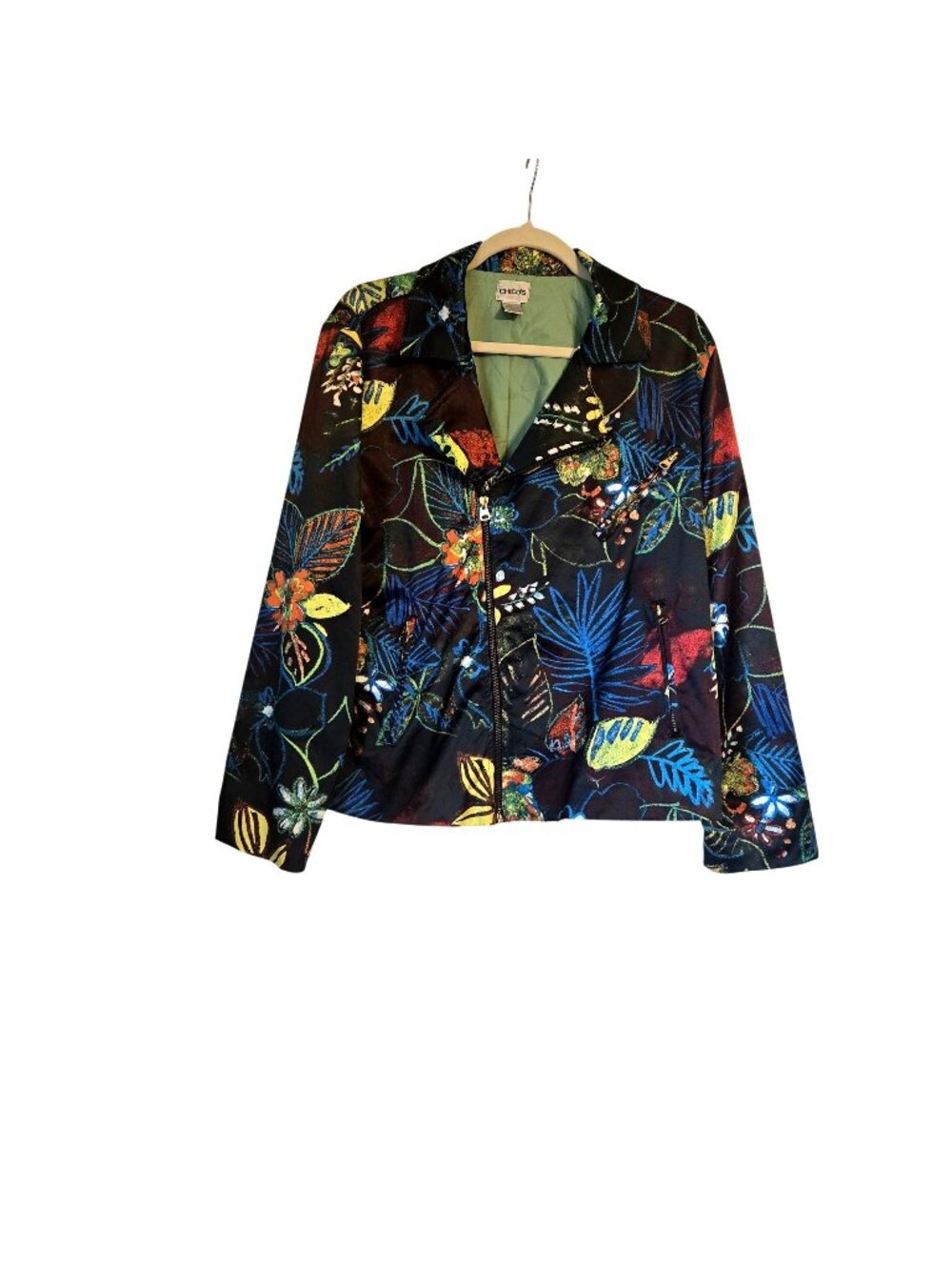 Chicos Whimsical Night Gretta Tropical Floral Print Moto Jacket Size 2 Large